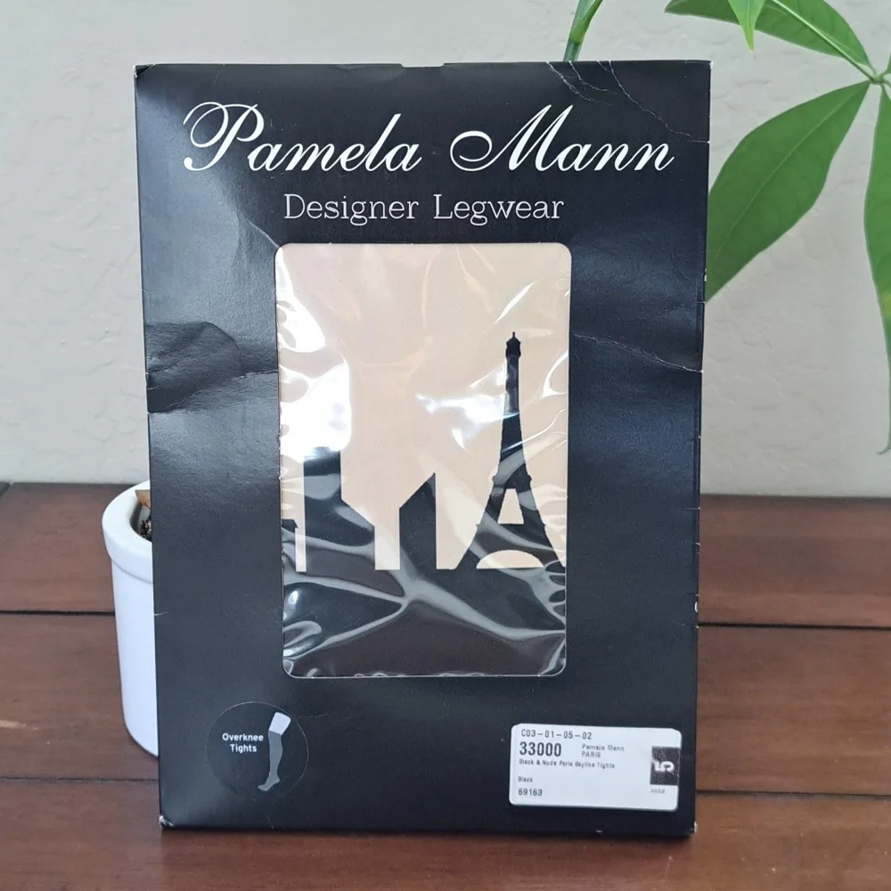 New Pamela Mann Black & Nude Paris Skyline Overknee Tights One Size - Picture 2 of 5